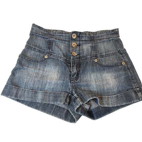 Forever 21 Womens High Waist Denim Shorts Roll Cuffed Hem Button Fly Blue SZ 28 - Picture 1 of 7